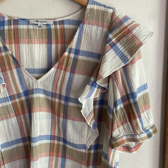 Madewell V Neck Shoulder Ruffle Top in Plaid - Picture 4 of 16